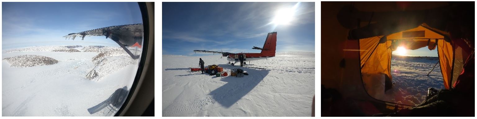 View from Twin Otter window on arrival at Devon Ice Cap, unloading gear and inside tent.